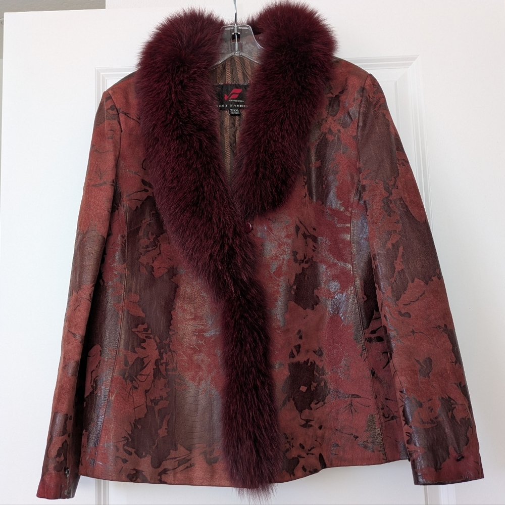 Elegant Burgundy Geniune Leather Jacket with Real Fur